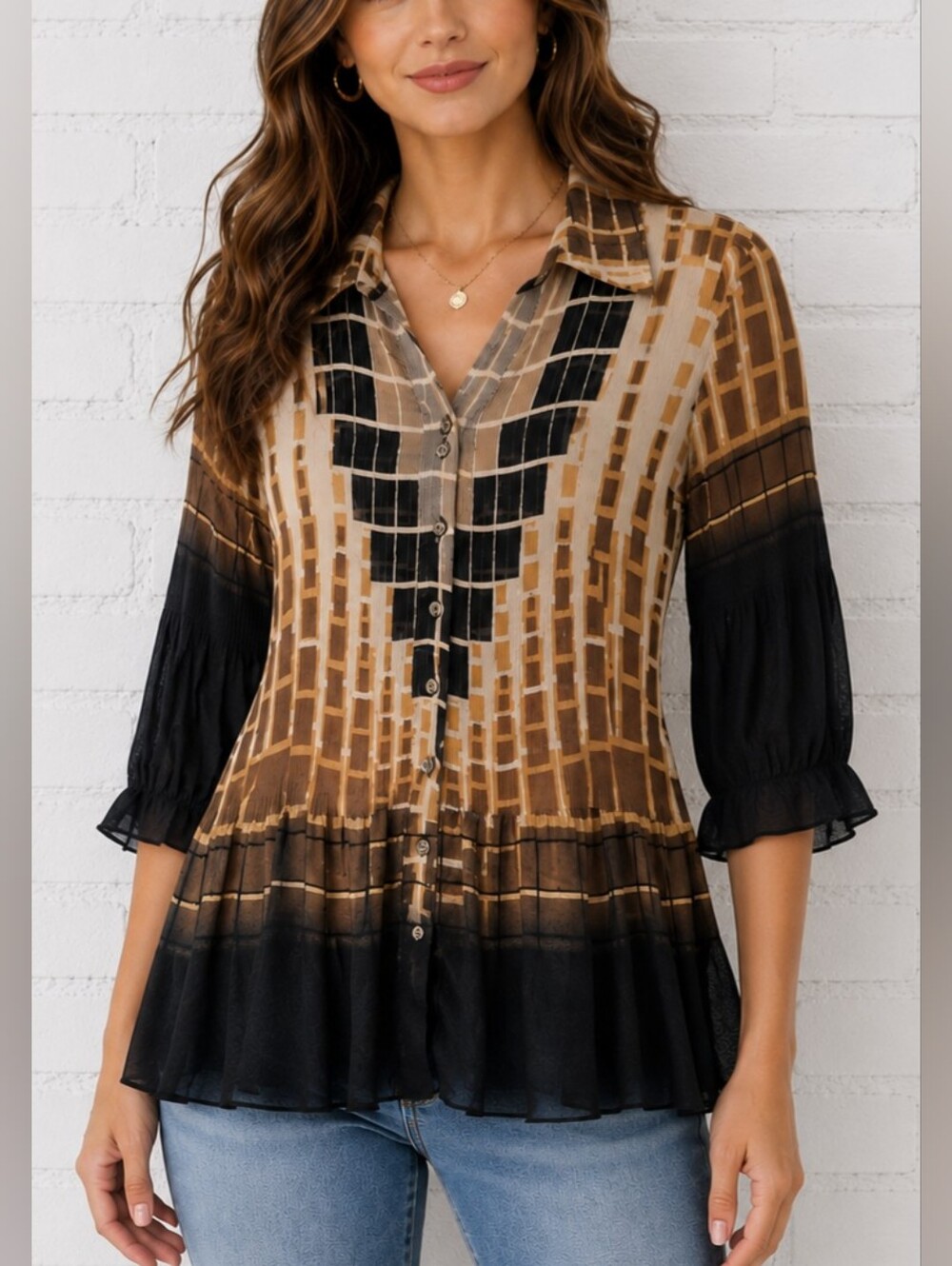 Lindi Sheer Geometric Print Button Front Tunic Blouse Brown Black Size M